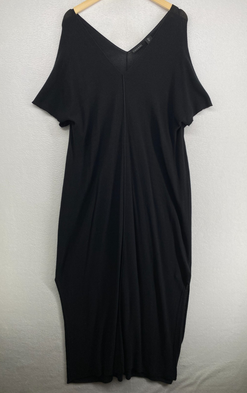 TAHARI Dress L Viscose Cotton Sweater Knit Caftan Maxi Dolman Sleeve Black